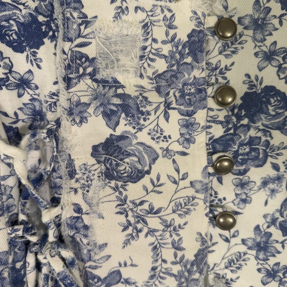 POL Womens Sz M Blue White Toile Denim Vest Cottagecore Boho Frayed Corset Ties - Picture 3 of 9